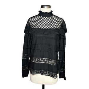 BEBE Black Mesh Lace Long Sleeve Ruffle Blouse Women's Size XXL NWT